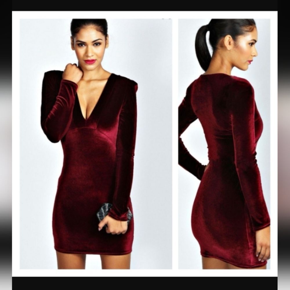 Boohoo Kate Velvet Plunging Neck Burgundy Dress Size 10.